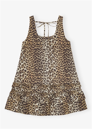 Printed cotton poplin U-neck mini kjole Leopard W0906 Ganni 